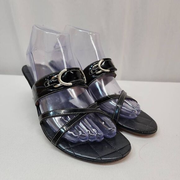 Cole Haan Size 7.5 B Black Leather Wedge Cross Strap Sandal Shoes For Women B - Picture 1 of 10